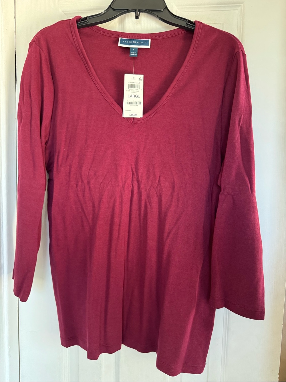 Karen Scott Long Sleeve V-Neck Top - Raspberry Red